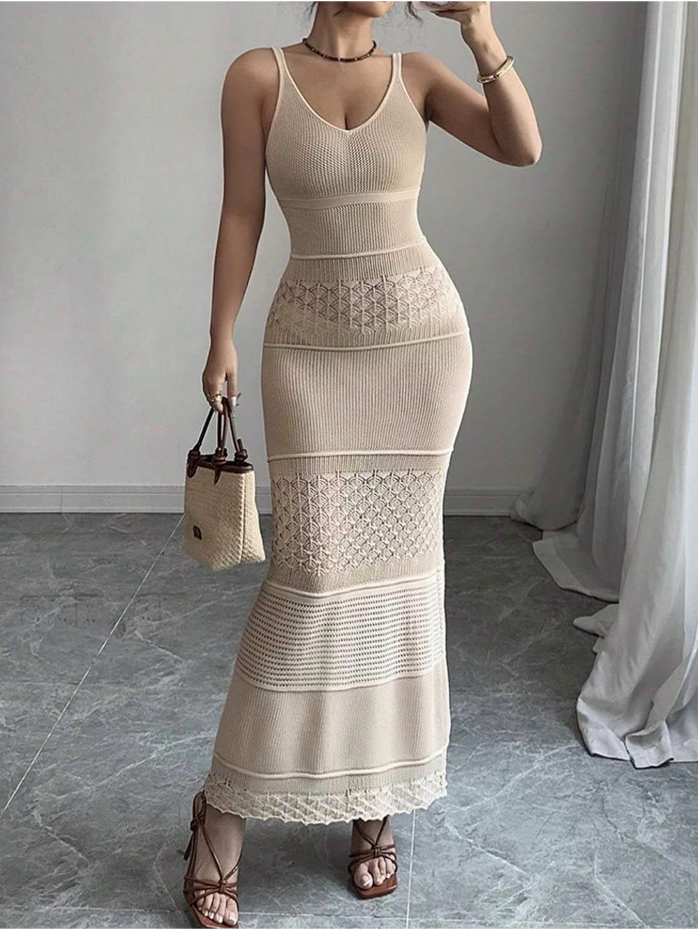 Women’s V-Neck Crochet Knit Maxi Dress Beach Sleeveless Bodycon